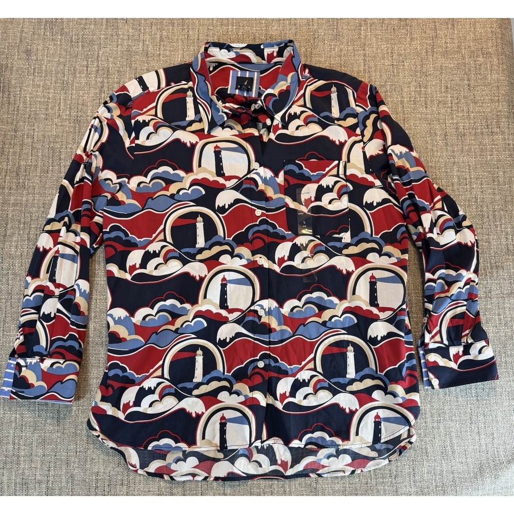 Nautica Jeans Women's Blue Lighthouse-Print High-Low-Hem‎ Shirt Top Size Large